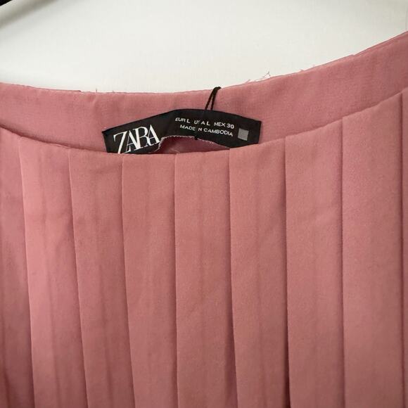 ZARA Rose Pink Marsala Pleated Midi Belted Dress Size Large NWT - Picture 9 of 10